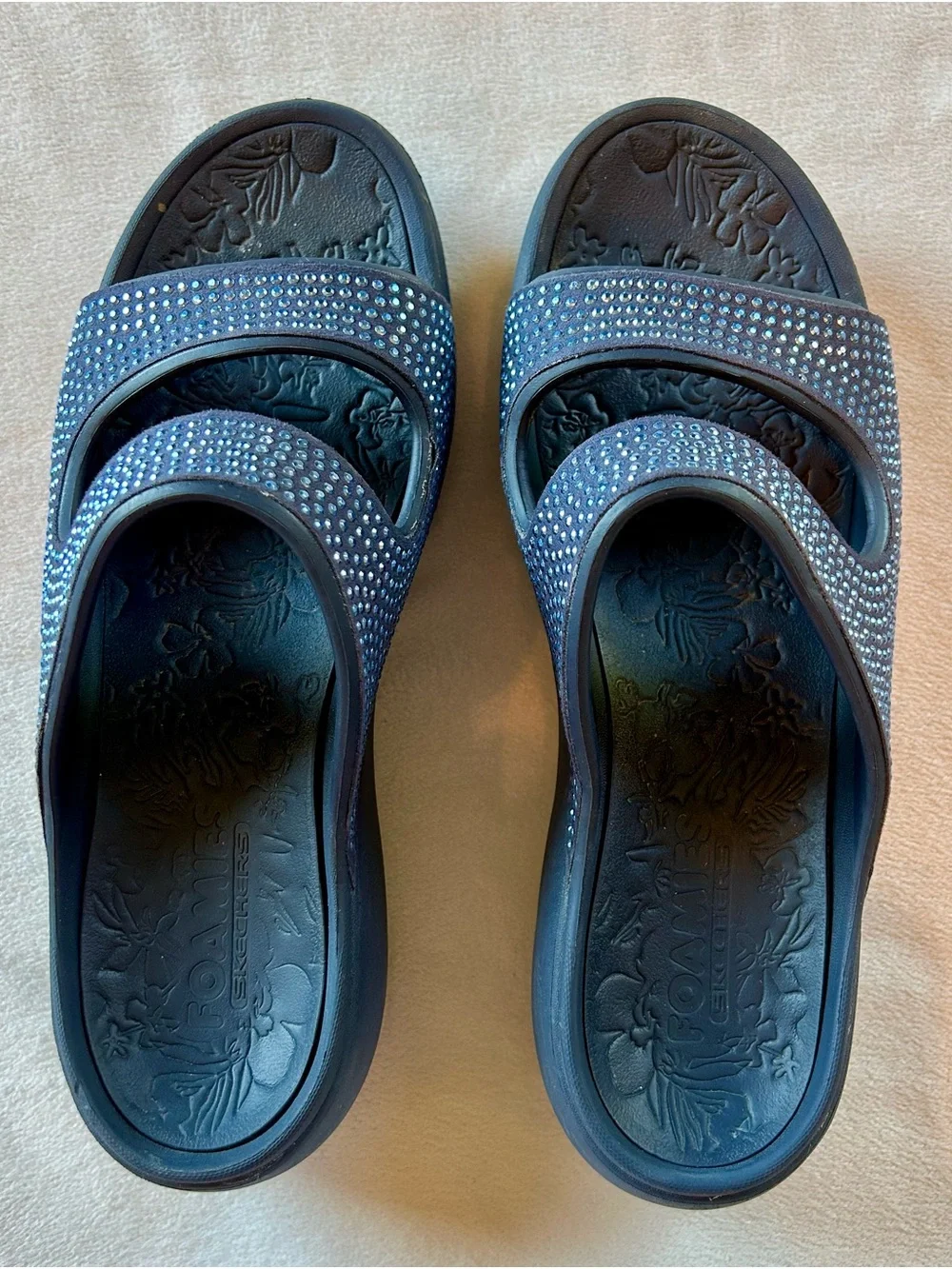 Sketchers Foamies Arch Fit Ascend - Summer Glitz Blue Crystal Sandals Sz 11